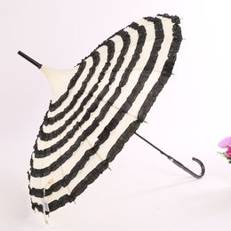 Hot sell 50pcs/lot Princess Stripe Frill Pagoda Umbrella,ivory with black frill deocration Wedding Umbrella for good quality
