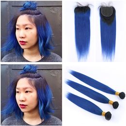 Silky Straight Ombre Dark Blue Human Hair Bundles 3Pcs Peruvian Virgin Hair Wefts with Lace Closure 4x4 #1B/Blue Ombre Hair Weaves Extension