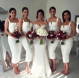 White Bridesmaid Dresses Strap Tea Length Satin Wedding Guest Bridesmaids Maid Honor Gowns Custom Made Plus Size Prom Dress Party Wear