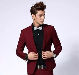 New Classic Design Groom Tuxedos Groomsmen One Button Dark Red Peak Lapel Best Man Suit Wedding Men's Blazer Suits (Jacket+Pants+Tie)