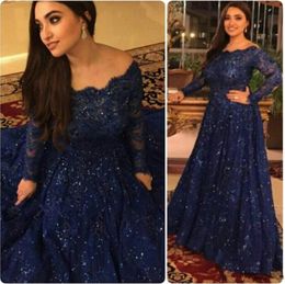Sparkly Evening Dresses Bling Scoop Neck Long Sleeve Beaded Full Lace Sweep Train Arabic Navy Blue Plus Size Party Formal Prom Gowns