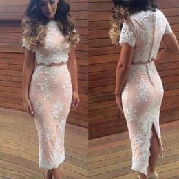 elegant pink applique lace Tea Length cocktail dresses With Short Sleeve Button Back Formal Prom Dresses Sexy robes de soirée 2019