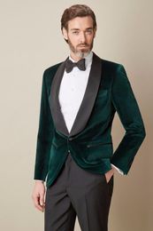 New Popular Dark Green Velvet Groom Tuxedos Shawl Lapel Trim Fit Groomsmen Wedding Tuxedos Men Party Suits((Jacket+Pants+Tie+Girdle) NO;421