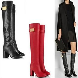 2018 Winter women leather boot thick heel knee high boots buckle women motorcycle boots red and black for Christmas gift