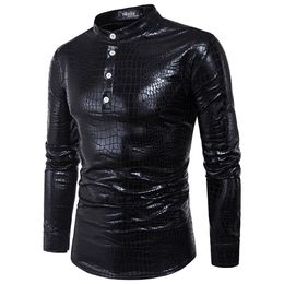 Helisopus fashion punk men's shirts elastic Metallic Shiny Shirt long sleeve Slim Fit Moto&Biker style PVC Leather shirts men