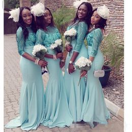 Mint African Nigerian Green Dresses 3/4 Sleeves Applique Lace Long Bridesmaid Formal Prom Evening Gowns Maid Of Honor