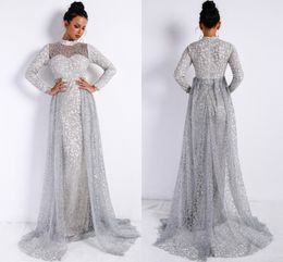 High Neck Sparkling Silver Mermaid Evening Dresses Long Sleeve Elegant Weddings Party Dress Sexy Prom Dress Bling Formal Gowns
