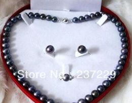 Wholesale price FREE SHIPPING ^^^^Fashion Set Black Freshwater Pearl Necklace Earring Ring