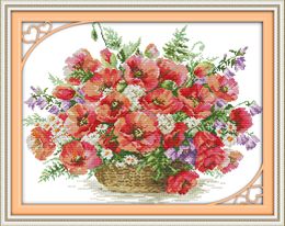 Colorful Poppy basket decor paintings ,Handmade Cross Stitch Embroidery Needlework sets counted print on canvas DMC 14CT /11CT