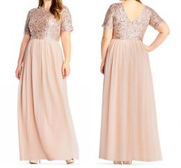 Blush Sequin Bridesmaid Dresses Short Sleeves Chiffon Floor Length V-Back Wedding Guest Gowns Plus Size Long Maid of Honour Dress