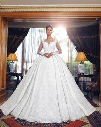 New Fashion Dubai Arabic Wedding Dress Scoop Neck Long Illusion Sleeves Lace Applique Bridal Gowns vestido de novia