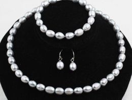 9-10mm Grey Natural Freshwater Pearls Necklace, Bracelet and Earrings Set