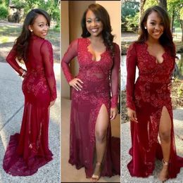 Deep V Neck Sexy Burgundy Lace Mermaid Evening Dresses Beads Sequined Long Sleeves Side Split Formal Prom Dress Evening Wear Abendkleider