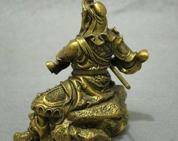 5" China Famous Brass Dragon Warrior GuanGong GuanYu God Sword Statue Sculpture