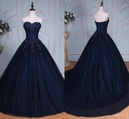 2022 Dark Blue Sweet 16 Dresses Ball Gowns Applique Beaded Crystal Sequin Open Back Tulle Quinceanera Dress Prom Dress 8th Grade Long