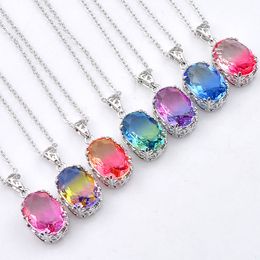 12Pcs/Lot Luckyshine Vintage Mix Colour Ellipse Bi Coloured Tourmaline 925 Silver Necklace Women Fashion Cz Pendant Sets-Free Ship