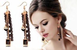 Hot Style Korean black lace earrings girl crystal ribbon personality fashion tassel earrings fashion classic elegant