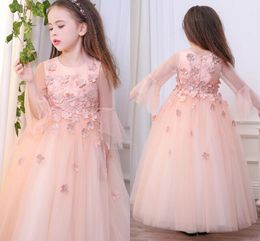 Mesh Long Sleeve Flower Girls Dresses Pink Handmade Flowers Tulle Organza Floor Length Ball Gown Little Girls Wedding Dress Pageant Dress