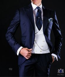 Fashion Navy Blue Men 3 Piece Suit Wedding Tuxedos Handsome Groom Tuxedos With Notch Lapel Two Button Men Blazer(Jacket+Pants+Tie+Vest) 464