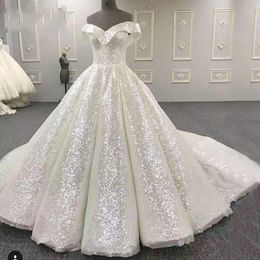 Sparkly Bling Wedding Dresses Off the shoulder with Sleeves Sequined Fabric Ball Gown V neck Court Train Cheap Bridal Gowns Fashion