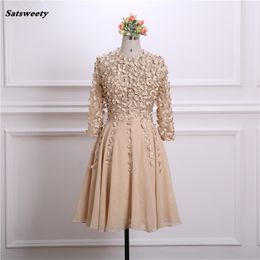 2023 Hot Sale Chiffon Short Cocktail Dresses Party Dresses Appliqued Pearls Long Sleeves Zipper Back Homecoming Dresses