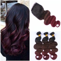 Body Wave #1B/4/99J Wine Red Ombre Virgin Hair Weaves with 4x4 Lace Closure Black Brown to Burgundy Ombre Human Hair Bundles
