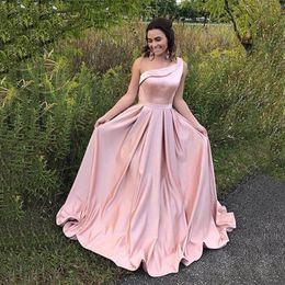 One Shoulder A-Line Evening Dresses Sleeveless Blush Pink Prom Gowns Back Zipper Tiered Ruffle Sweep Train Back Zipper Formal Party Gowns