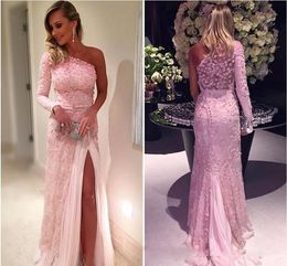 Blush Pink Lace Prom Dresses One Shoulder Long Sleeve With Split Vintage Evening Gowns Formal Party Dress