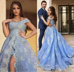 2018 Light Blue Arabic Evening Dresses Women Lace Applique Sexy High Slit Prom dresses Customized Robe De Soiree Longue Party dresses