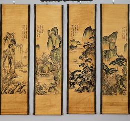 Tang Bohu Ancient paintings of the Tang dynasty characters Antique decorative living room paintings four screens Tang Shanshui 4pc