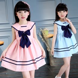 Baby Clothes Girls Dress Summer Fashion Sleeveless Navy Style Dresses Kids Children Casual Big Bowkont Princess Dress 3Colors For Girl 2-12T