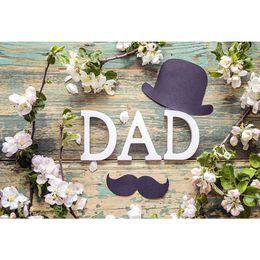 Happy Father's Day Photo Backdrop Wooden Board White Flowers Black Paper Cut Hat Beard Dad Party Themed Photography Backgrounds