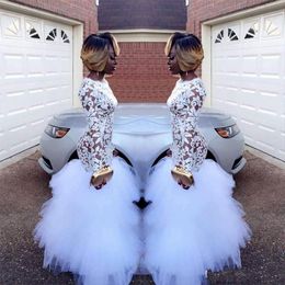 Black Girl Prom Dresses Long Sleeve White Lace Formal Evening Gown Mermaid 2019 Sheer Neck Sexy Women Party Gowns 2K18 See Through