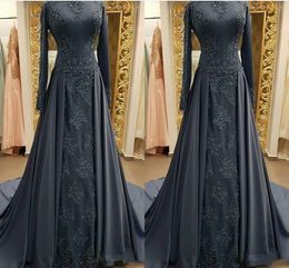 Modest Grey Muslim Evening Dresses with Long sleeves High Neck Prom Dress Applique Lace Mermaid Evening Gowns