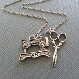 whole saleThe Sewer's Necklace - Sewing Machine and Scissors in Antique Silver