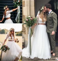 2018 Two Pieces Country Wedding Dresses A Line Jewel 1/2 Sleeve Sweep Train Bridal Gowns With Lace Tulle Plus Size Wedding Dresses