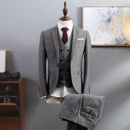 Winter Fashion Grey Tweed Groom Tuxedos Excellent Men Wedding Tuxedos Men Formal Business Prom Party Suit (Jacket+Pants+Tie+Vest) 1935