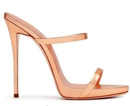 2018 Women Two Straps High Heels Rose Gold Patent Leather Strappy Sandals Ladies Cute Shoes Sexy Mules Stiletto Dress Shoes