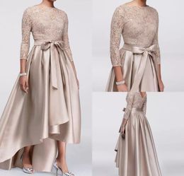 Chic Champagne A-line High Low Mother Of The Bride Dresses Sequined Lace Top Long Sleeves Dress Evening Wear Cheap Wedding Guest D179c