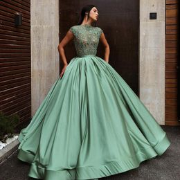 Mint Green Ball Gown Lace Prom Dresses Sheer Bateau Neck Evening Gowns Floor Length Beaded vestidos de fiesta Satin Pleated Formal Dress