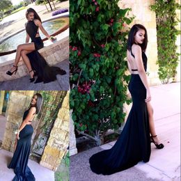 Black Halter Sexy Mermaid Prom Dress Lace Applique Backless Side Slit Satin Evening Dresses 2018 Attractive Sleeveless Formal Party Dress