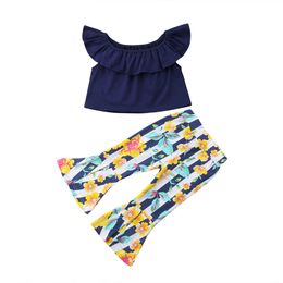 2018 New Toddler Girl Clothes Children Clothing Kids Baby Girls Off Shoulder Crop Tops Flower Flare Pants 2PCS Outfit Set Casual Suits 2-6T