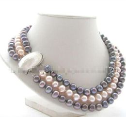 Wholesale prices 16new ^ ^ Beautiful 17-19 "3row 9mm Black Pink Round Freshwater Pearl Necklace