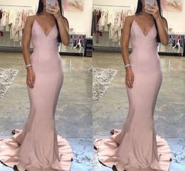 New Sexy Pink Mermaid Prom Dresses Halter V Neck Lace Applique Pleats Sweep Train Elegant Formal Dress Evening Gowns Custom Made