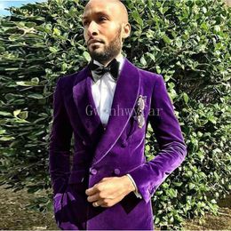 2018 Latest Designs Purple Velvet Men Suit Custom Made Size Tuxedos Prom Mens Suits Man Groom Wedding Suits Jacket Pants 2 2330