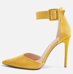 2018 New arrival women buckle pumps thin heel party shoes yellow color pumps point toe ankle strap high heels dress shoes