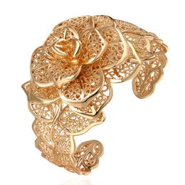 Filigree Flower Cuff Bangle 18k Yellow Gold Filled Fashion Womens Bangle Bracelet Wedding Jewelry Gift dia 58mm