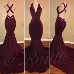 Hot Sale Simple Burgundy Velvet Prom Dresses Sexy Mermaid Backless Sleeveless Sweep Train Long Party Dresses Evening Gowns