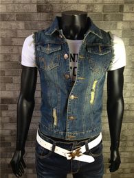 5XL 6XL Mens Motorcycle Jeans Vest Spring Jackets Sleeveless Denim Waistcoats Korean Coats Slim Fit Tops Outwear Good Quality 2018 Blue