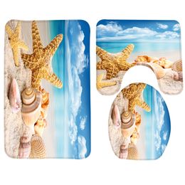 3pcs Bathroom Mat Set Beach Starfish Sea Shell Pattern Bath Mat Anti Slip Bathroom Rug and Toilet Products